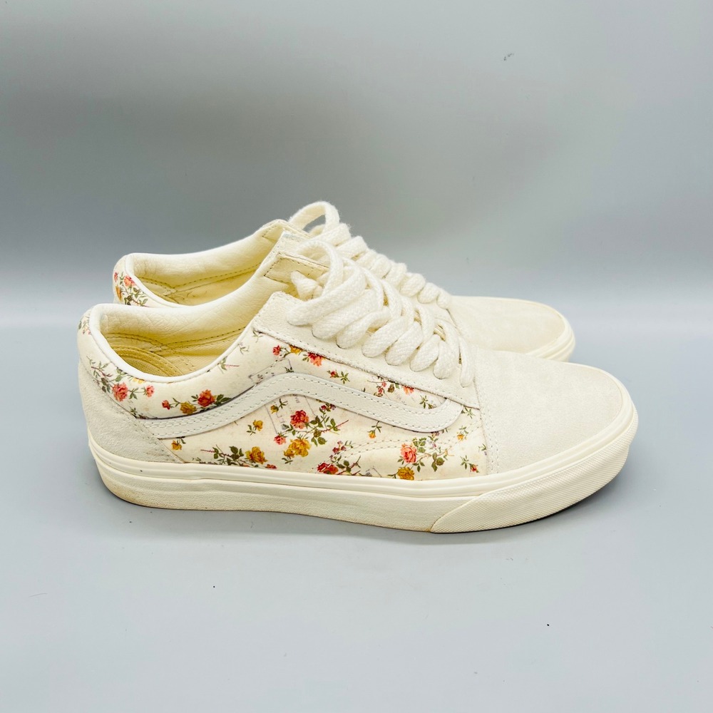 Vans Sneakers Womens 9.5 Cream Floral Suede Canvas Old Skool Skate Shoes
